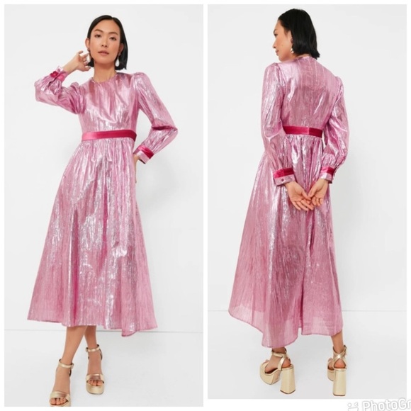 Hyacinth House Tuckernuck Pink Metallic Plisse Eloise Midi Dress - Picture 1 of 7